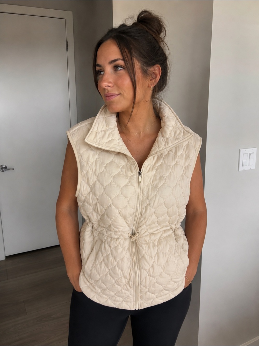 Quilted Zip-Front Puffer Vest in Cream